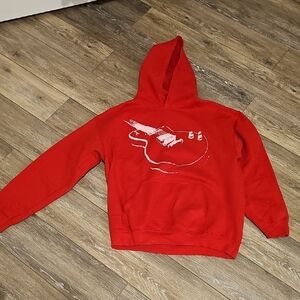 Gildan Red Hoodie with Guitar Design, Unisex, Size M.